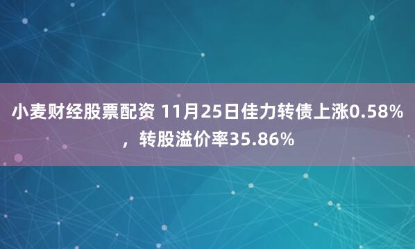 小麦财经股票配资 11月25日佳力转债上涨0.58%，转股溢价率35.86%